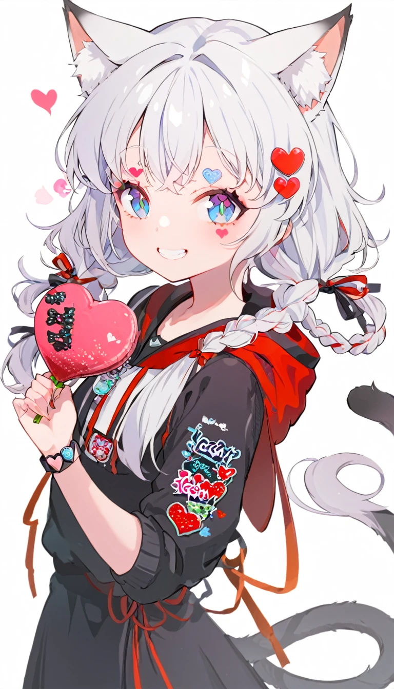 Cat Ear Woman, 1 Girl, Solo, Animal Ears, Holding, Blue Eyes, Watch Viewer, Heart, Bag, Hood Down, Braid, Smile, Heart Hair Ornament, White Hair, Hood, Stupid, Animal Ear Fluff, Tail