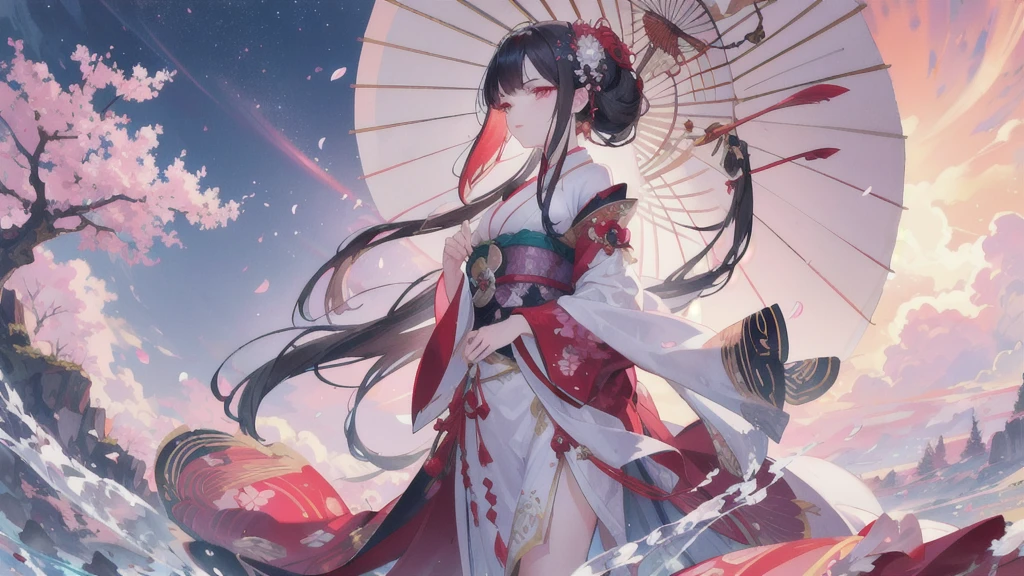 In a realm where the sky is perpetually painted with the vibrant hues of dawn and dusk, stands a majestic figure. She is adorned in an intricately designed kimono, with patterns of cherry blossoms and flowing water, symbolizing the harmony between nature and human spirit. Her dark hair is styled in a traditional updo, adorned with elaborate hairpieces and a striking red parasol. Her crimson eyes reflect a deep sense of wisdom and mystery, hinting at untold stories and hidden powers. With an aura of elegance and strength, she gazes into the distance, as if guarding the secrets of an ancient civilization. The backdrop of swirling clouds and the setting sun adds a mystical quality to the scene, creating an ethereal atmosphere. Write a story about this enigmatic character, exploring her origins, her journey, and the magical world she inhabits.