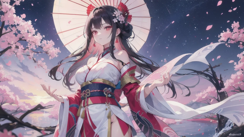 In a realm where the sky is perpetually painted with the vibrant hues of dawn and dusk, stands a majestic figure. She is adorned in an intricately designed kimono, with patterns of cherry blossoms and flowing water, symbolizing the harmony between nature and human spirit. Her dark hair is styled in a traditional updo, adorned with elaborate hairpieces and a striking red parasol. Her crimson eyes reflect a deep sense of wisdom and mystery, hinting at untold stories and hidden powers. With an aura of elegance and strength, she gazes into the distance, as if guarding the secrets of an ancient civilization. The backdrop of swirling clouds and the setting sun adds a mystical quality to the scene, creating an ethereal atmosphere. Write a story about this enigmatic character, exploring her origins, her journey, and the magical world she inhabits.