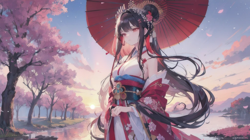In a realm where the sky is perpetually painted with the vibrant hues of dawn and dusk, stands a majestic figure. She is adorned in an intricately designed kimono, with patterns of cherry blossoms and flowing water, symbolizing the harmony between nature and human spirit. Her dark hair is styled in a traditional updo, adorned with elaborate hairpieces and a striking red parasol. Her crimson eyes reflect a deep sense of wisdom and mystery, hinting at untold stories and hidden powers. With an aura of elegance and strength, she gazes into the distance, as if guarding the secrets of an ancient civilization. The backdrop of swirling clouds and the setting sun adds a mystical quality to the scene, creating an ethereal atmosphere. Write a story about this enigmatic character, exploring her origins, her journey, and the magical world she inhabits.