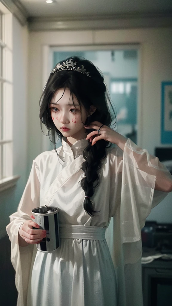 arafed woman in a white dress standing in a room with pictures on the wall, the ring movie, the ring, film still from a horror movie, portrait of sadako of the ring, horror movie scene, film still from horror movie, still from horror movie, horror movie still, horror film still, the grudge, horror movie aesthetic, horror film