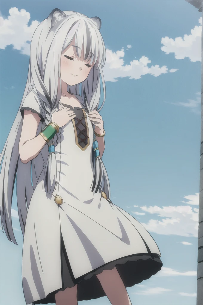 ((masterpiece)), (best quality), (ultra-detailed), photorealistic, (best illustration), ((an extremely delicate and beautiful)), 1girl, solo, long hair, tiger ears, [:tiger tail under:0.2], white hair, two-tone hair,  white dress, (green dress:1), multicolored dress, cross-laced, standing, closed eyes, smile, black skirt, short sleeves, one leg standing, split, barefoot detailed scenery, blue sky, horizon, low twin braids, twin braids, hair ornament, bracelet, (hand on own chest:0.9), blush