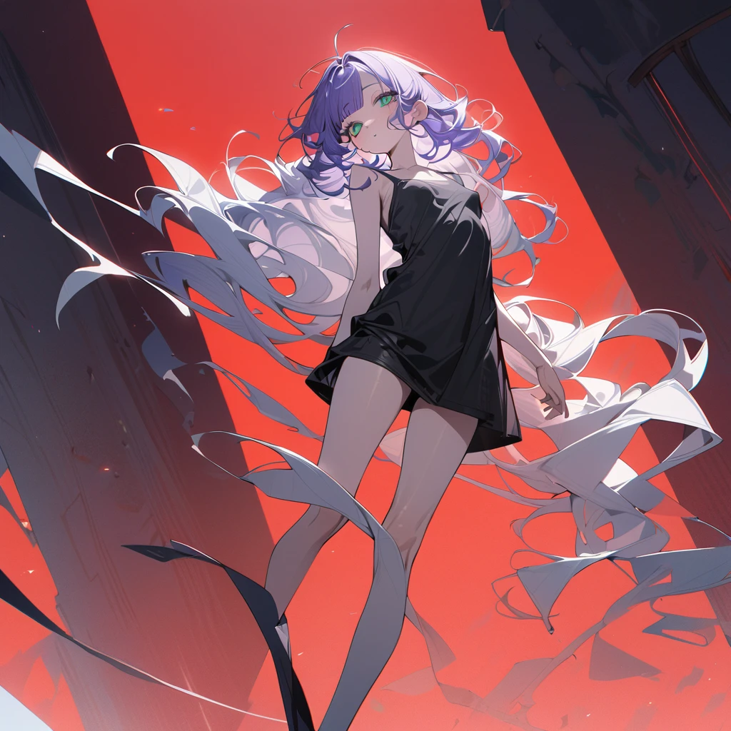 (exceptional, best aesthetic, new, newest, best quality, extremely detailed, :1.2),8k, white theme, blue theme,
a girl with pale-purple hair, a dynamic angle from front, wavy hair blowing in the wind, blunt bangs hair, black and green eyes, A black tank top, small breast, full body shot, A crimson sky background, a  girl crucified,
