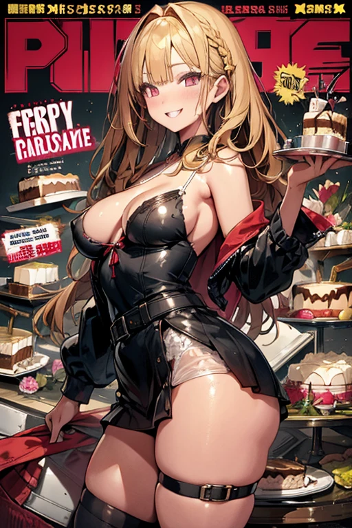 (small breasts:1.2), (perky chest:1.2), (pointed chest:1.2), (Pudding cake magazine cover:1.3),(from above:1.0),(shoot from the side:1.1),masterpiece, 1girl, Amazing Cleavage:1.1, thin waist, optimum,tmasterpiece,hight resolution,best qualtiy,hyper HD,super detailing,awardwinning,a 18yo cute girl,(The upper part of the body),anatomy correct,Beautiful Black miniskirt,garters,Gaze,Small face,bangss,holster,Beautuful Women,hands up,leg holster,Gaze,black boots,Cowboy Shot,cute face,a blond,Longhaire,Twin-tailed,Braids, Hairline,(scarlet eyes),long eyelasher,Hanging eye corners,White skin of the, ((see through camisole:1.1)), ((Sheer nipples:1.0)),Rocket Tits,(Slim body),smile,seductive weak smiling,(with sparkling eyes and a contagious smile),little open mouth, Looking at Viewer,