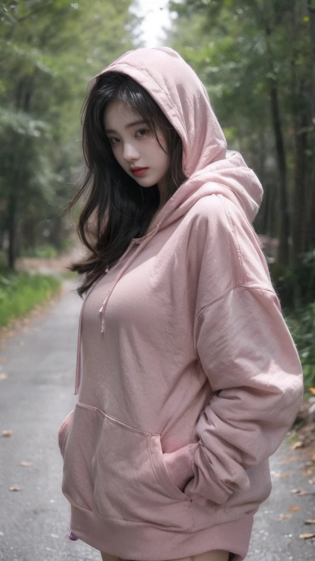 21yo girl,(wearing pink hoodie),(hoodie covering face),(hood),(covering face),forest background,natural big breast, plump body,single sidelock hairpin blush modern cinematic lighting,ray tracing,drop shadow wide shot UHD,textured skin,high details,best quality 4K