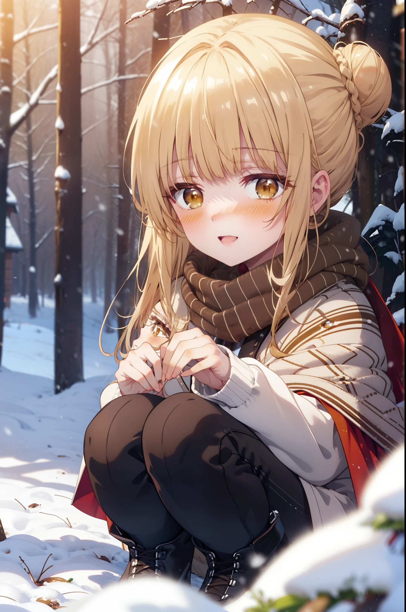 This is Mahirushiina, Mahiru Shiina, blonde, (Brown eyes:1.7), Long Hair, happy smile, smile, Open your mouth,Hair Bun, single Hair Bun,blush,White Breath,
Open your mouth,snow,Ground bonfire, Outdoor, boots, snowing, From the side, wood, suitcase, Cape, Blurred, Increase your meals, forest, White handbag, nature, Squat, Mouth closed, フードed Cape, winter, Written boundary depth, Black shoes, red Cape break looking at viewer, Upper Body, whole body, break Outdoor, forest, nature, break (masterpiece:1.2), Highest quality, High resolution, unity 8k wallpaper, (shape:0.8), (Beautiful and beautiful eyes:1.6), Highly detailed face, Perfect lighting, Extremely detailed CG, (Perfect hands, Perfect Anatomy),