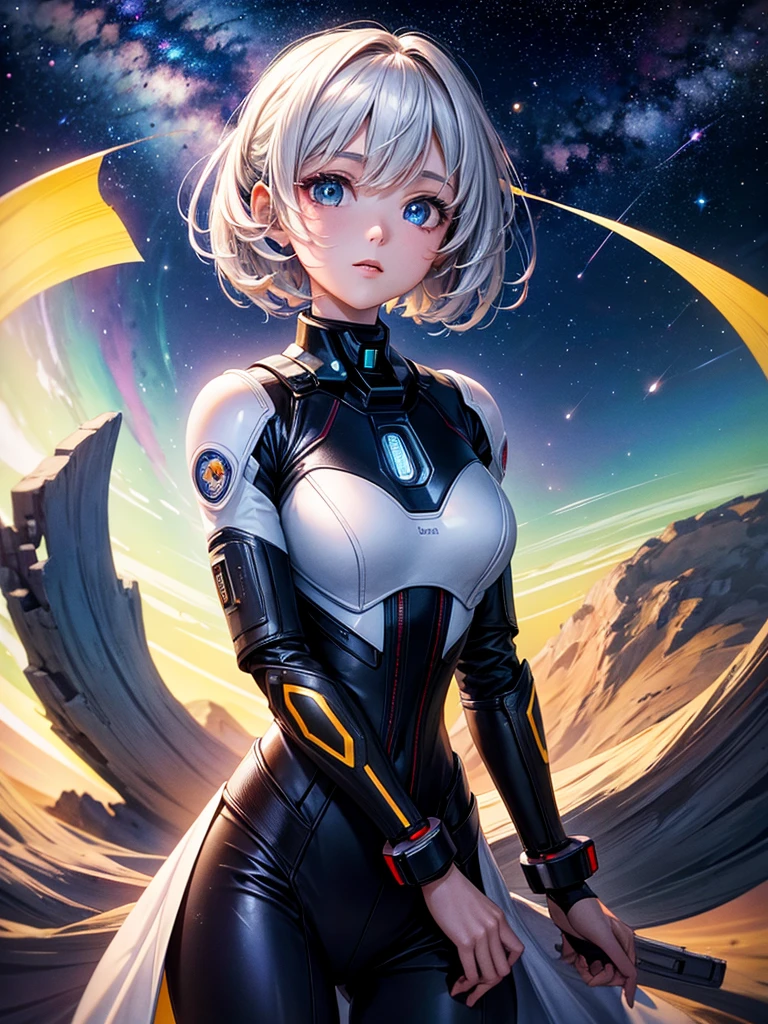 Highest quality,Highest Resolution,A beautiful android girl from the future who travels through space,Earth in the background,Milky Way,