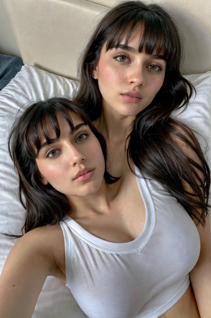 score_9, score_8_up, score_7_up, instagram photo of 2 girls, very very beautiful face, lying on bed, head on the pillow, detailed face, puffy lips, perfect lips, perfect nose, slight makeup, black hair bangs, detailed blue eyes, wearing short shirt, pale skin, medium breast, shadows, beautiful background, higly detailed, 4k, ultrahd,nude