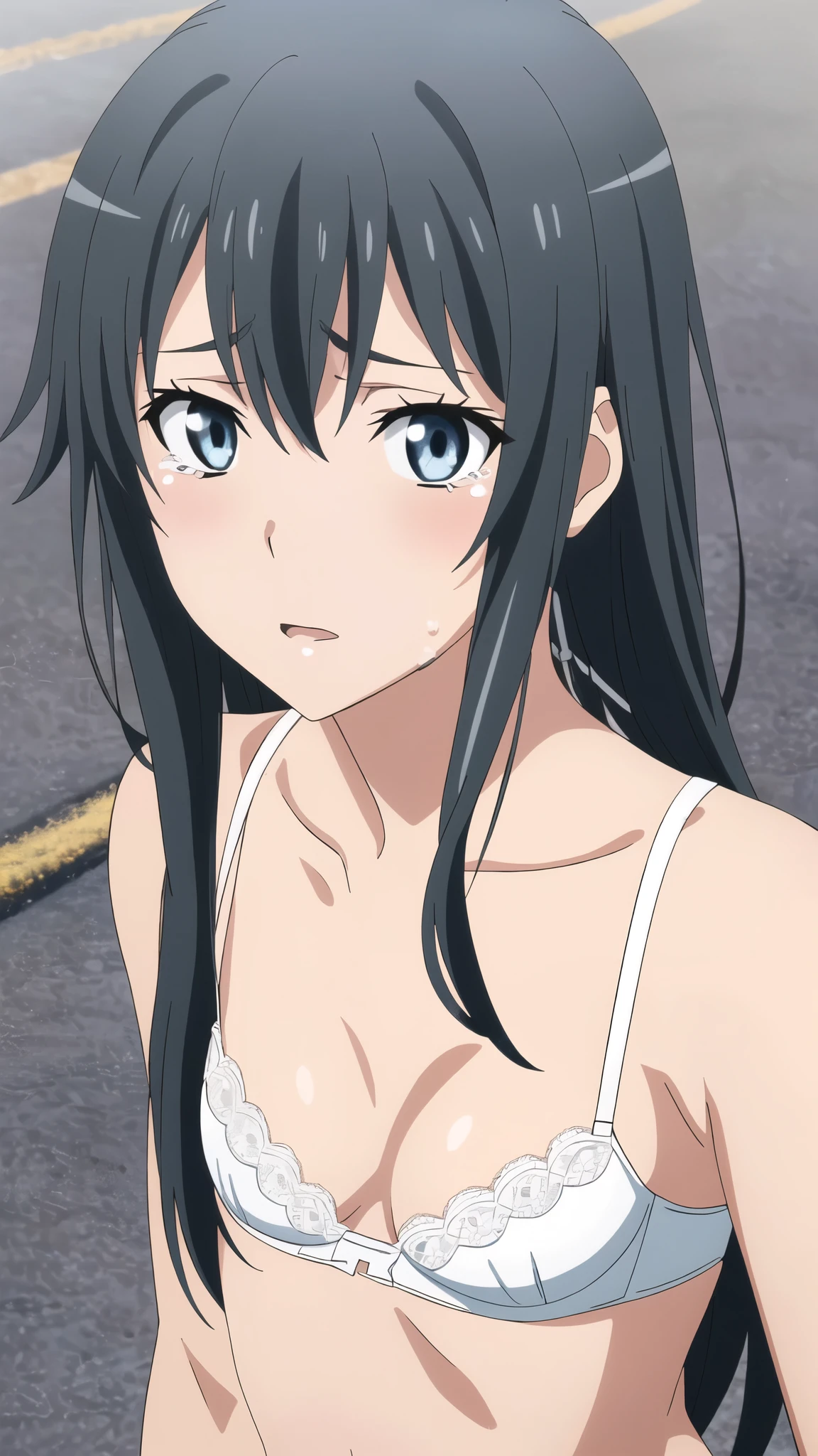 {yukinoshita_yukino_yahariorenoseishunlovecomewamachigatteiru:1.15},black hair, blue_eyes, , 1 girl,,alone, hair between eyes,(torn white shirt,white lace bra,:1.4),, bare shoulders,, cleavage,thighhighs,long hair, ((ecstasy face:1.5)) , beautiful light, half eye closed, close up face,((cry:1.2))　　　　　　　　　　　　　　　　　　　　　　　　　　　　　　　　　　　　　　　　　　　　　　　　　　　　　　　　　　                beautiful upper body, Beautiful body, beautiful character design, perfect eyes, Perfect face, expressive eyes, looking at the viewer,(lie on road),in the center of the image, official art,High Definition CG Unity, Perfect lit, bright_front_face_lit, ,(Highest_quality:1.0),4k,Super detailed, photograph, 8K, nffsw, High resolution, absurd:1.2, kodak portrait 400, film grain, Lens flare, (lively_color:1.2) (beautiful,small breasts:1.4), (beautiful_face:1.3),(narrow_waist),blush, ((detail nipple)),, 