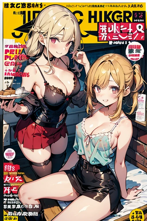 (small breasts:1.2), (perky chest:1.2), (pointed chest:1.2), (Pudding cake magazine cover:1.3),(from above:1.0),(shoot from the side:1.1),masterpiece, 1girl, Amazing Cleavage:1.1, thin waist, optimum,tmasterpiece,hight resolution,best qualtiy,hyper HD,super detailing,awardwinning,a 18yo cute girl,(The upper part of the body),anatomy correct,Beautiful Black miniskirt,garters,Gaze,Small face,bangss,holster,Beautuful Women,hands up,leg holster,Gaze,black boots,Cowboy Shot,cute face,a blond,Longhaire,Twin-tailed,Braids, Hairline,(scarlet eyes),long eyelasher,Hanging eye corners,White skin of the, ((see through camisole:1.1)), ((Sheer nipples:1.0)),Rocket Tits,(Slim body),smile,seductive weak smiling,(with sparkling eyes and a contagious smile),little open mouth, Looking at Viewer,
