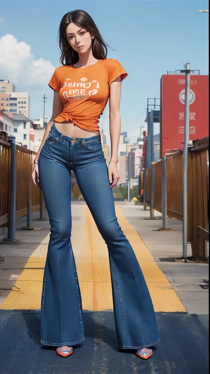 Orange and Indigo Keynote Speech、Vibrant colors、((​masterpiece)))、(((top-quality)))、((ultra-detailliert))、(A hyper-realistic)、(highly detailed CGillustration）、The most beautiful wild sensual european woman, ((challenging pose)), (Wide flares on tight denim jeans:1.5), Heels,(slim woman:1.5), (slim thighs and thigh gap: 1.5), slim hips and groin showing, (tight and long tshirt:1.5), (open legs), (full body:1.9), Official art、CD cover、urbane、City Pop、It will be、Mid summer、Stylish、glorious 1980s、Cool Beauty,  Female Solo、Perfect Angle、perfect-composition