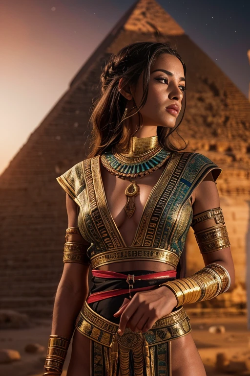 A beautiful Egyptian woman with small breasts, dressed in ancient Egyptian robes, Standing in the shadow of an Egyptian pyramid at sunset., not exposed, 8k lighting, night sky, red sunset 4k extremely photorealistic, uhd 4k highly detailed, ((realistic lighting, ultra high resolution.photorealistic:.1.4, (high detailed skin:1.2), 8K uhd, digital slr camera, high quality, Film grain, Fujifilm XT3,(Masterpiece) (Best Quality) (detailed) (cinematic lighting) (sharp focus) (intricate)