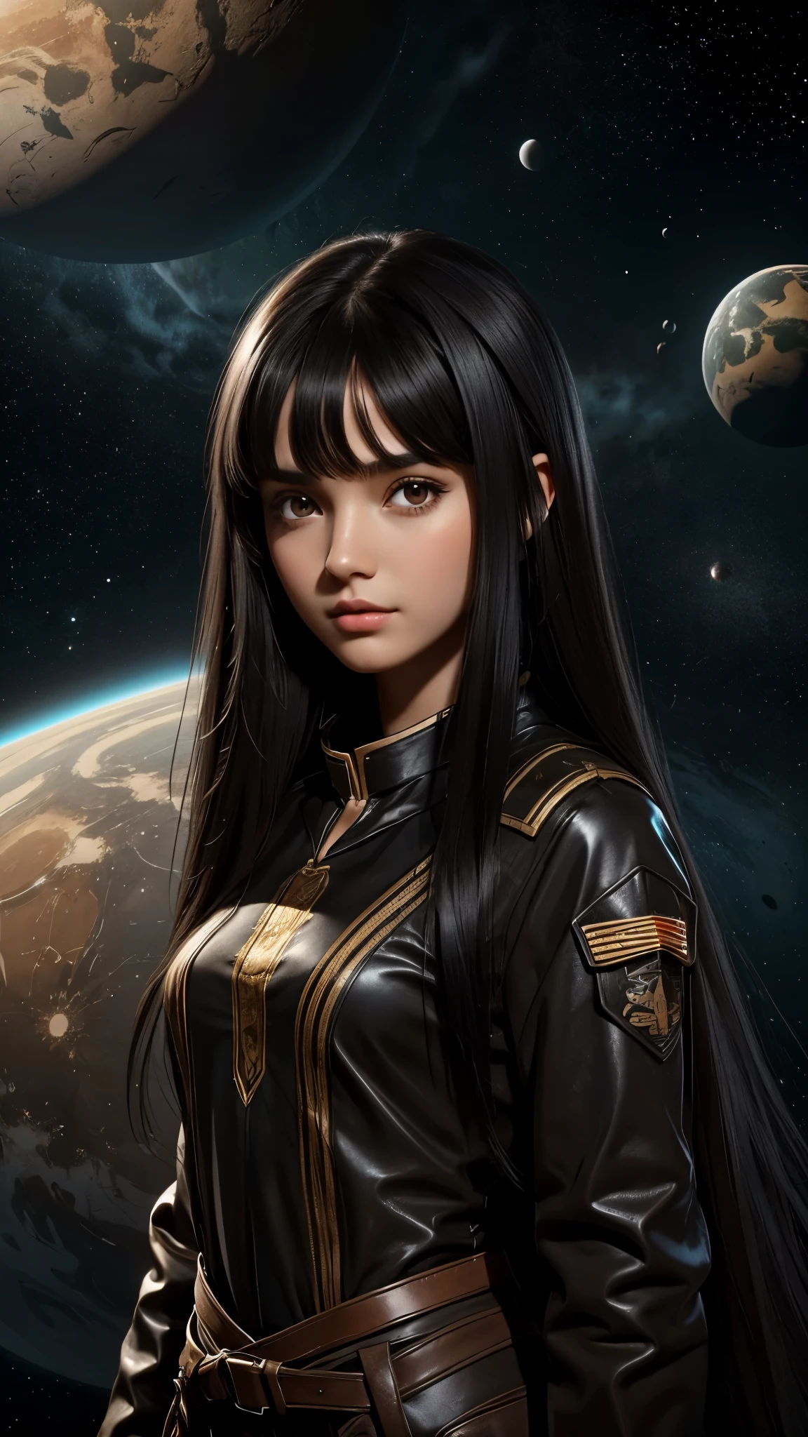 Beautiful black-haired girl with brown eyes and long hair in special clothes on an unknown planet