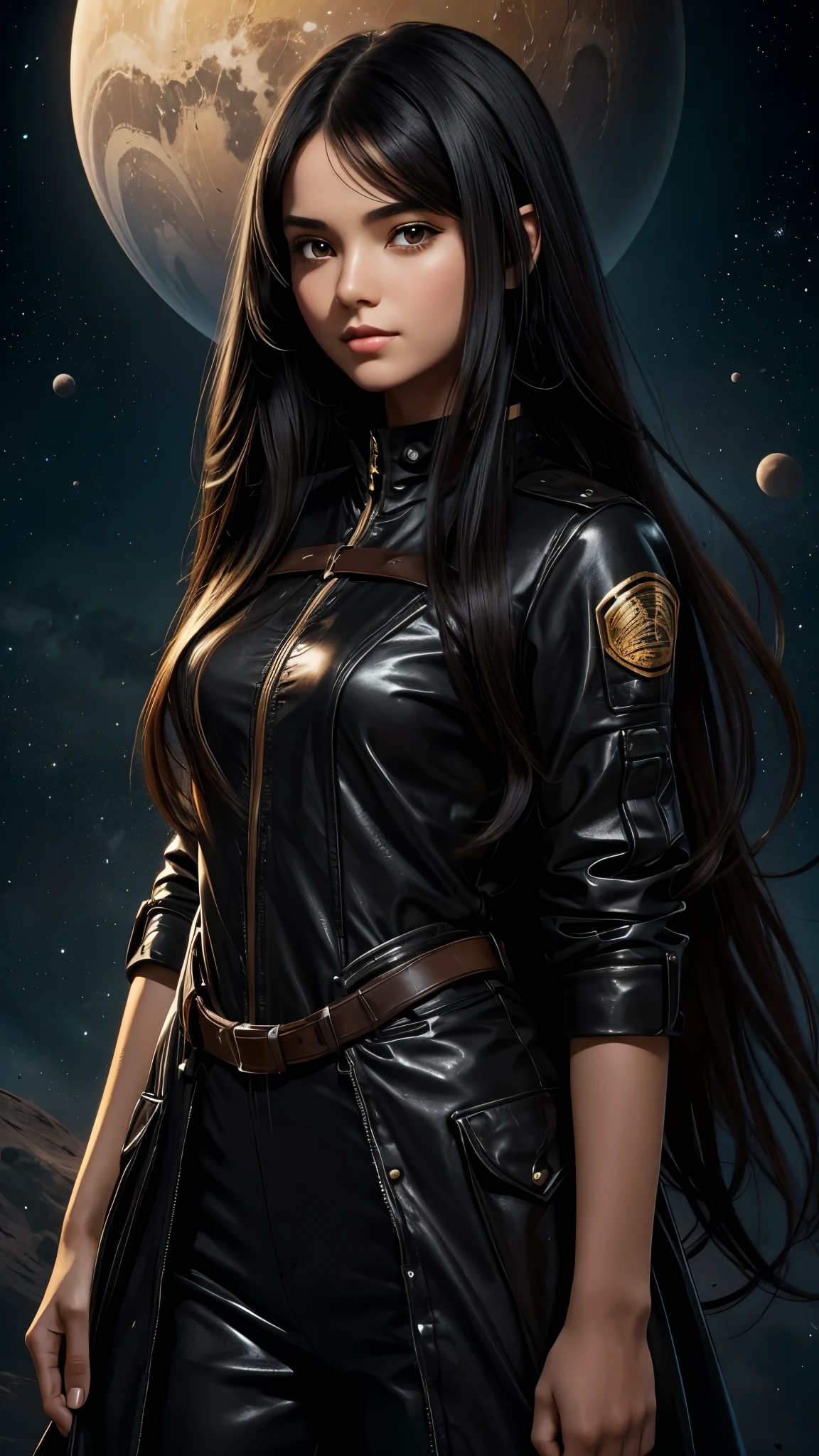 Beautiful black-haired girl with brown eyes and long hair in special clothes on an unknown planet 