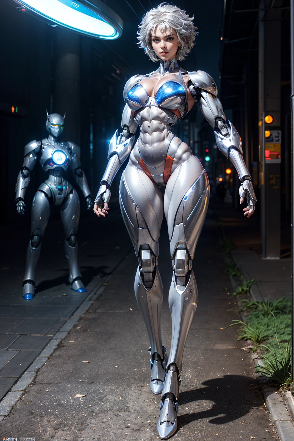 (Muscular:1.8), (thick thighs:1), (large round breasts:1), (large muscular chest and shoulders:1.4), FEMALE, silver hair, (big smile:0), (tight mecha arm, tall cute silver cyborg:1.5), looking at viewer, (three quarter view:1.3), upper body view, (futuristic sidewalk:1.5), dark lighting, detailed skin, detailed eyes, (dark skin:1.), (very thin waist:1.3), (huge round muscles:1.5), (one protagonist:1.5), (tall:2.1),