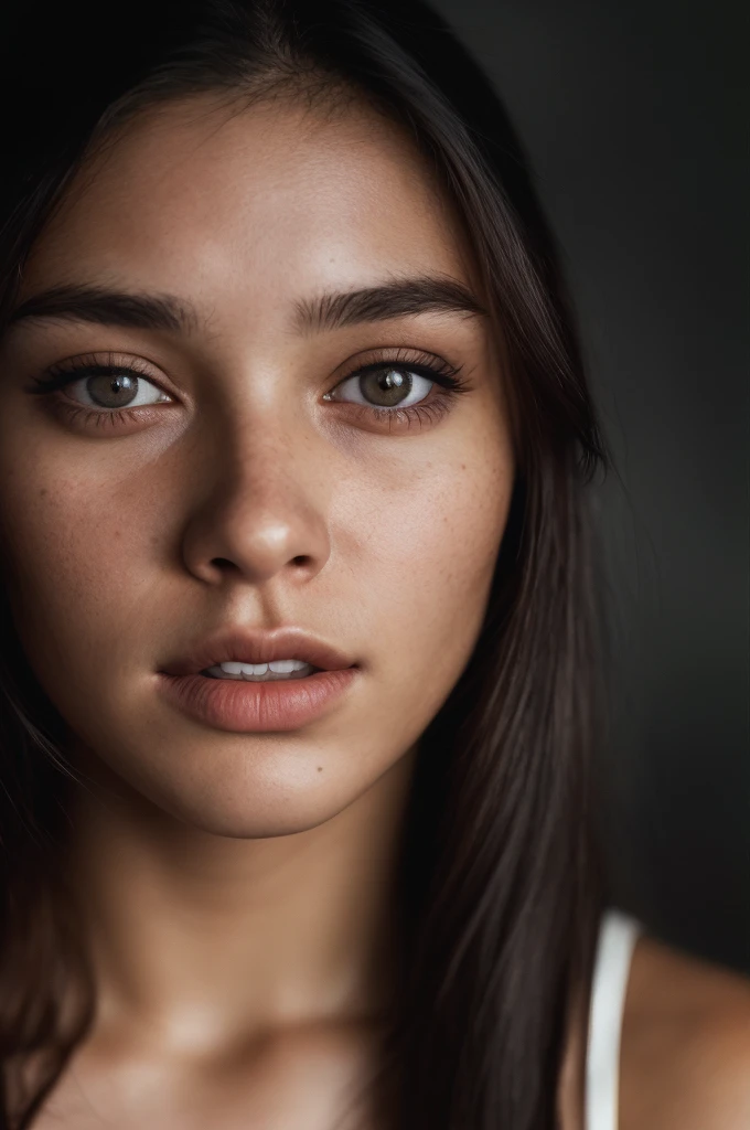(close-up, editorial photograph of a 21 year old woman), (highly detailed face:1.4) (smile:0.7) (background inside dark, moody, private study:1.3) POV, by lee jeffries, nikon d850, film stock photograph ,4 kodak portra 400 ,camera f1.6 lens ,rich colors ,hyper realistic ,lifelike texture, dramatic lighting , cinestill 800,