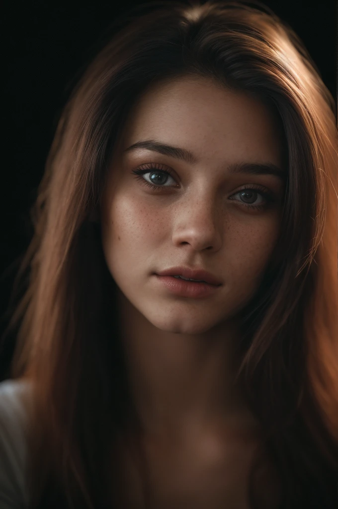 (close-up, editorial photograph of a 21 year old woman), (highly detailed face:1.4) (smile:0.7) (background inside dark, moody, private study:1.3) POV, by lee jeffries, nikon d850, film stock photograph ,4 kodak portra 400 ,camera f1.6 lens ,rich colors ,hyper realistic ,lifelike texture, dramatic lighting , cinestill 800,