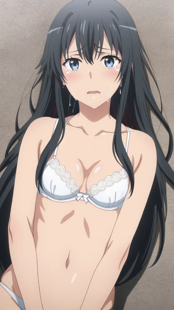 {yukinoshita_yukino_yahariorenoseishunlovecomewamachigatteiru:1.15},black hair, blue_eyes, , 1 girl,,alone, hair between eyes,(torn white shirt,white lace bra,:1.4),, bare shoulders,, cleavage,thighhighs,long hair, ((ecstasy face:1.5)) , beautiful light, half eye closed, close up face,((cry:1.3))　　　　　　　　　　　　　　　　　　　　　　　　　　　　　　　　　　　　　　　　　　　　　　　　　　　　　　　　　　                beautiful upper body, Beautiful body, beautiful character design, perfect eyes, Perfect face, expressive eyes, looking at the viewer,(lie on road),in the center of the image, official art,High Definition CG Unity, Perfect lit, bright_front_face_lit, ,(Highest_quality:1.0),4k,Super detailed, photograph, 8K, nffsw, High resolution, absurd:1.2, kodak portrait 400, film grain, Lens flare, (lively_color:1.2) (beautiful,small breasts:1.4), (beautiful_face:1.3),(narrow_waist),blush, ((detail nipple)),, 