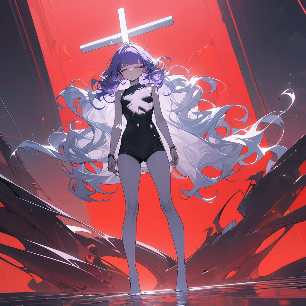 (exceptional, best aesthetic, new, newest, best quality, extremely detailed, :1.2),8k, white theme, blue theme,
a girl with pale-purple hair, a dynamic angle from front, wavy hair blowing in the wind, blunt bangs hair, black and green eyes, A black tank top, small breast, full body shot, A crimson sky background, a naked girl crucified,closed eyes,