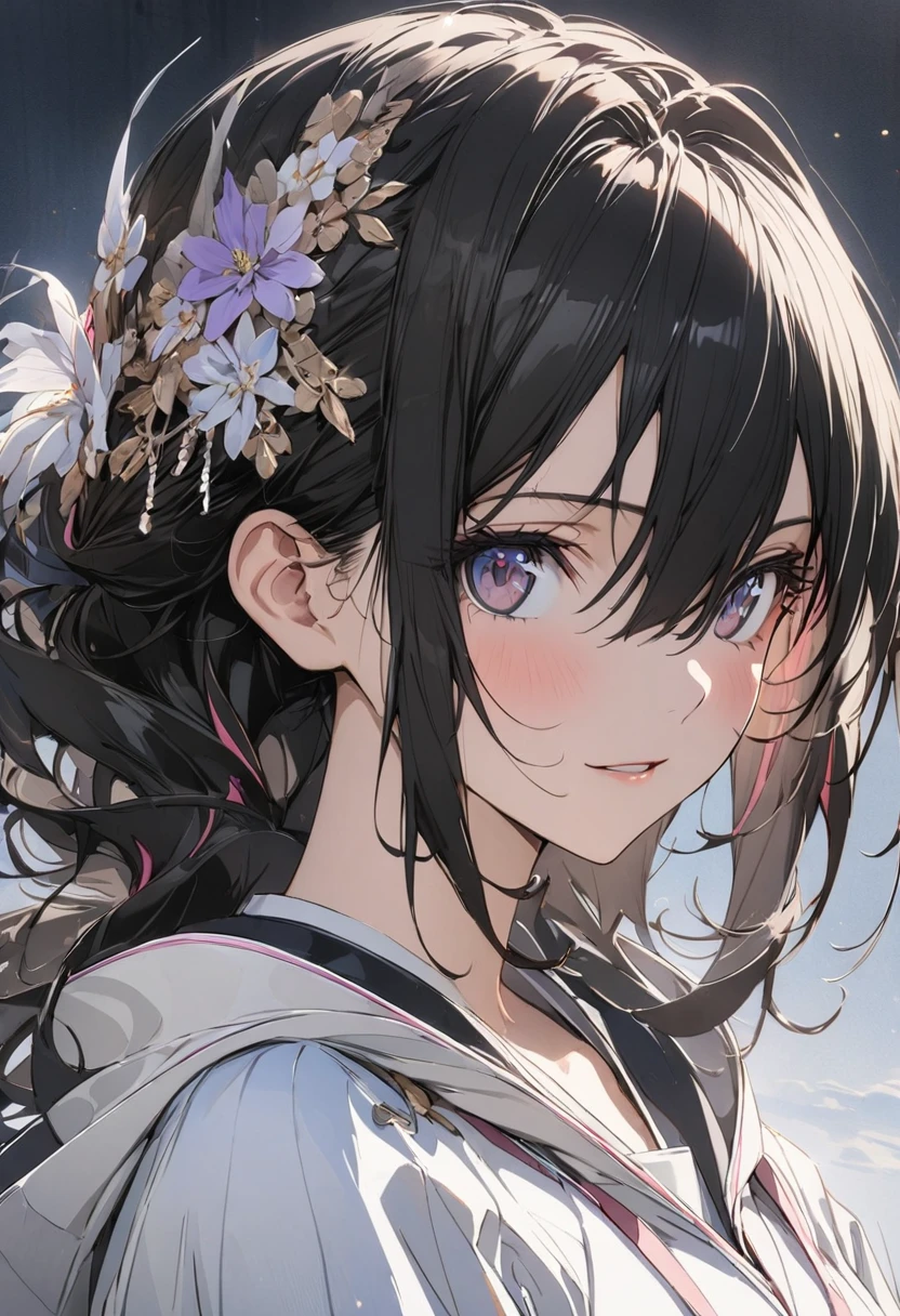 1girl, streaked hair, black hair, hair between eyes, high detail, Conceptual art, anime, masterpiece, super detail, high details, high quality, best quality