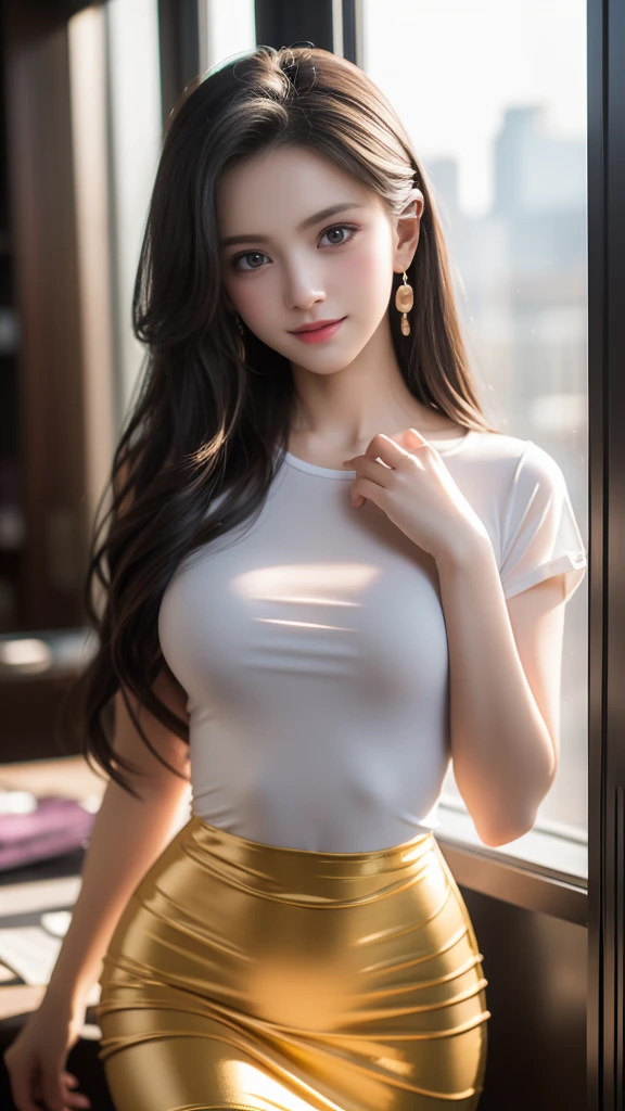 (best quality,ultra-detailed,photo-realistic:1.37), extremely beautiful eyes, Bright and Vibrant colors,studio lighting, playful expression, Extremely detailed eyes, stylish makeup, (perfect slim body), (Slim Fashion Model), Medium Hair, Cute Poses, (glamorous body), (body-tight translucent shirt),(smooth shirt material), ( Doll figure), (skin tight dress), (Glamorous skin tight skirt), (Medium BREAST), adult pose,alluring eyes,glossy lips,sexy pose, smiling in a confident and seductive way, professional photoshoot, shallow depth of field, highlighting the main subject, soft natural lighting, creating a magical atmosphere.