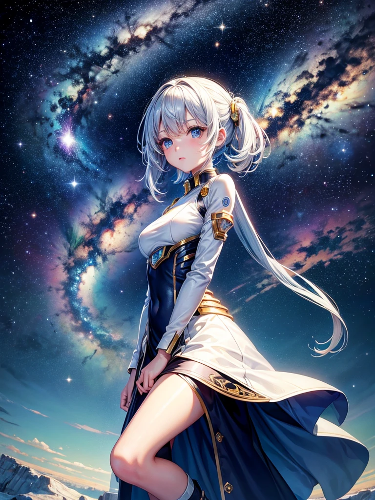 Highest quality,Highest Resolution,A beautiful android girl from the future who travels through space,Earth in the background,Milky Way,