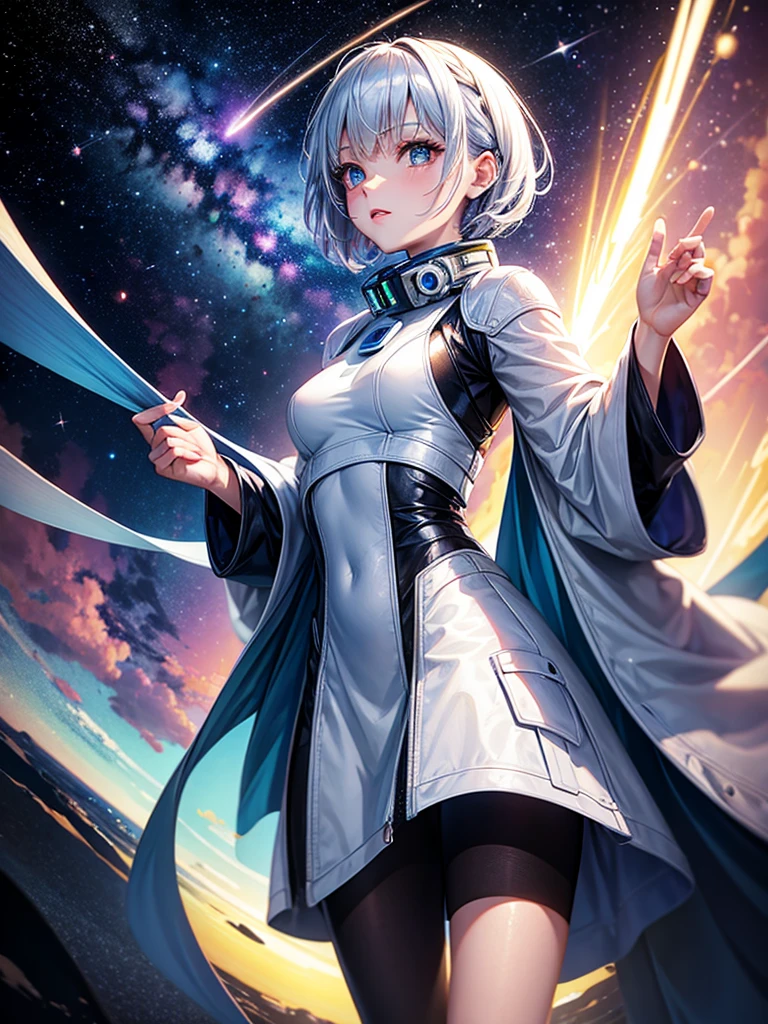 Highest quality,Highest Resolution,A beautiful android girl from the future who travels through space,Earth in the background,Milky Way,