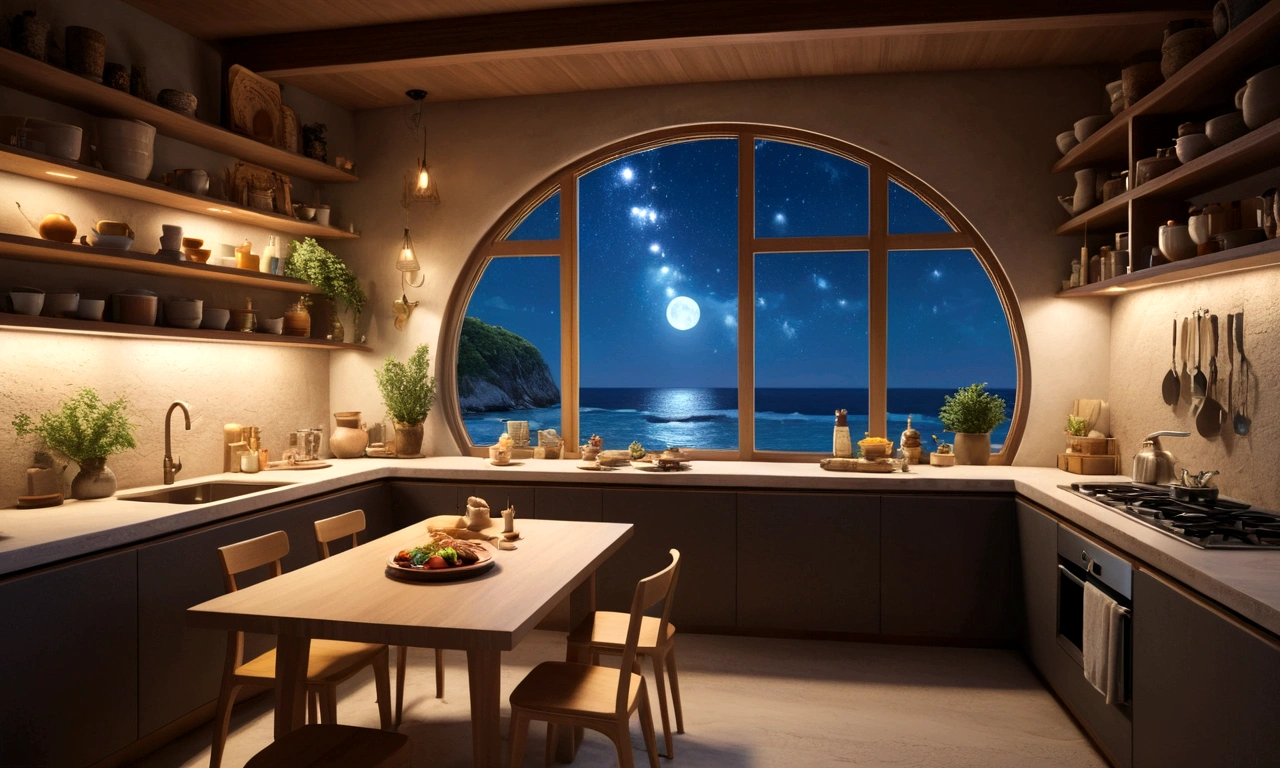 midnight、Fairy house by the sea、living、dining、Kitchens blend together to create a dreamy fantasy。A retro and fantasy atmosphere with a sea motif、The kitchen area has natural stone counters.、The shelves are lined with a wide variety of colorful magical spices, ingredients, and cooking utensils.。diningテーブルには食事の用意がされている、livingのソファには手作りのクッションが置いてある、Warm and stylish indirect lighting creates a fantastic atmosphere、From the window, you can see the empty beach, the sea, and the night sky.、There are no buildings nearby, so it's quiet.、The overall atmosphere is dreamy and tranquil.。Different world、Different dimension、Very realistic、Realistic、Surreal、masterpiece、Highest quality、High resolution、8K、3D Rendering、Depth of written boundary