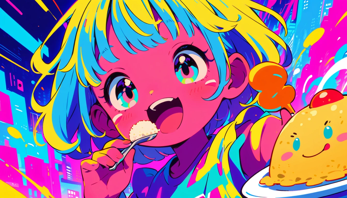 1 female, Light blue hair,　short hair、Happy,cute, animation style, kawaii, clearly, colorful cyberpunk, bubblegum pop, cute、Pink and light blue as main colors、eating omelet rice、