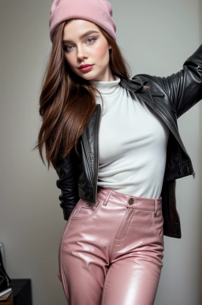 Photorealistic, best quality, hyper detailed, selfie photo, upper body. Gorgeous, pretty, warm-hearted, kind-hearted, good-hearted, stunning, cheerful, sweet, polite, sensitive, sensible, shiny, charming, classy, stylish, super long flowing and glowing ginger haired russian woman. With the cutest face, pale skin, elegant make up, red lipstick, she is wearing a leather jacket, skinny trousers, a grey sweater, riding boots, a black newsboy cap and a pink scarf.