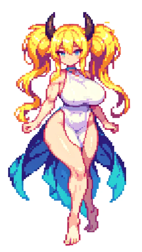 very muscle,{{long legs}},devil,barefoot,{{very muscular}},{{very gigantic breasts}} ,{{very curvy}} , ,masterpiece , best quality , pixel art , 1 girl ,{full body}, voluptuous ,twintails,blonde hair ,white dress,white background