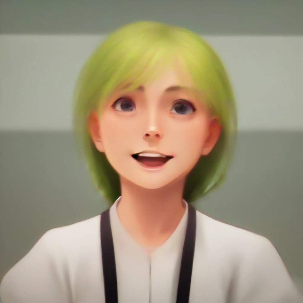 1girl, cute green-haired girl, suspenders, puffed sleeves, low ponytail, detailed face, wide shot, captivating smile, open mouth, masterpiece, best quality, 8k, ultra-detailed, photorealistic, professional, vivid colors, studio lighting, physically-based rendering