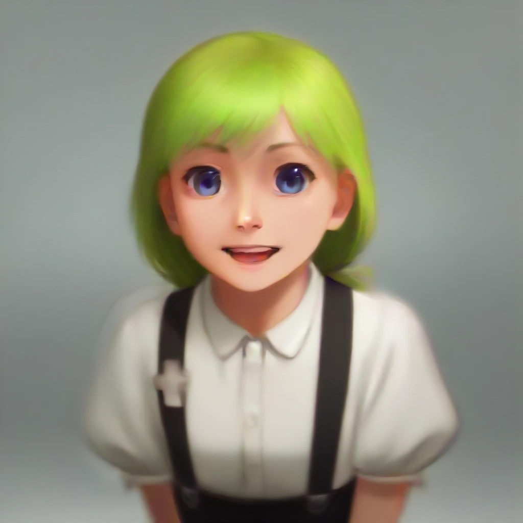 1girl, cute green-haired girl, suspenders, puffed sleeves, low ponytail, detailed face, wide shot, captivating smile, open mouth, masterpiece, best quality, 8k, ultra-detailed, photorealistic, professional, vivid colors, studio lighting, physically-based rendering