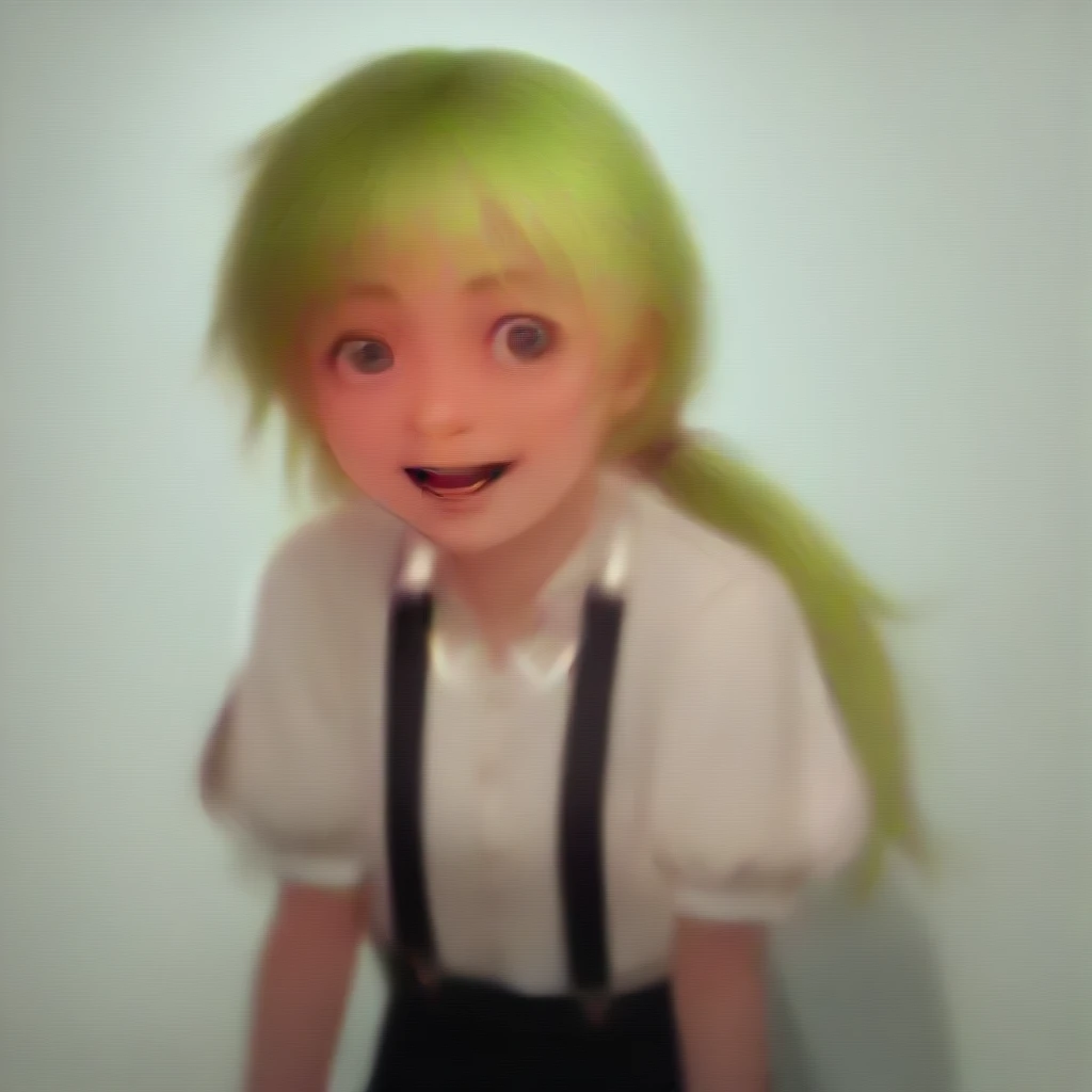 1girl, cute green-haired girl, suspenders, puffed sleeves, low ponytail, detailed face, wide shot, captivating smile, open mouth, masterpiece, best quality, 8k, ultra-detailed, photorealistic, professional, vivid colors, studio lighting, physically-based rendering