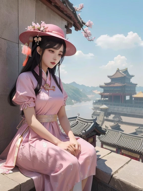 araffe woman in a pink dress and hat sitting on a ledge, palace , a girl in hanfu, guweiz, trending on cgstation, with acient chinese clothes, artwork in the style of guweiz, trending at cgstation, traditional chinese clothing, 8k)), chinese girl, belle delphine, sakimichan, hanfu