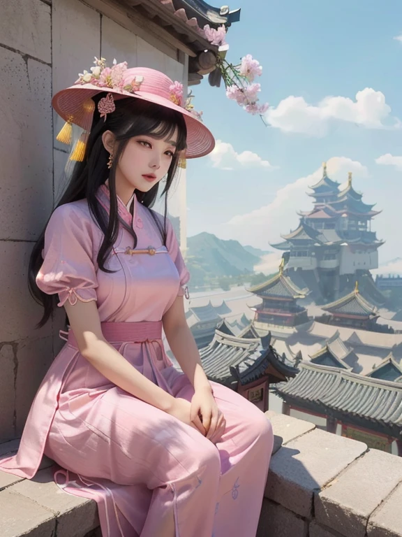 araffe woman in a pink dress and hat sitting on a ledge, palace , a girl in hanfu, guweiz, trending on cgstation, with acient chinese clothes, artwork in the style of guweiz, trending at cgstation, traditional chinese clothing, 8k)), chinese girl, belle delphine, sakimichan, hanfu
