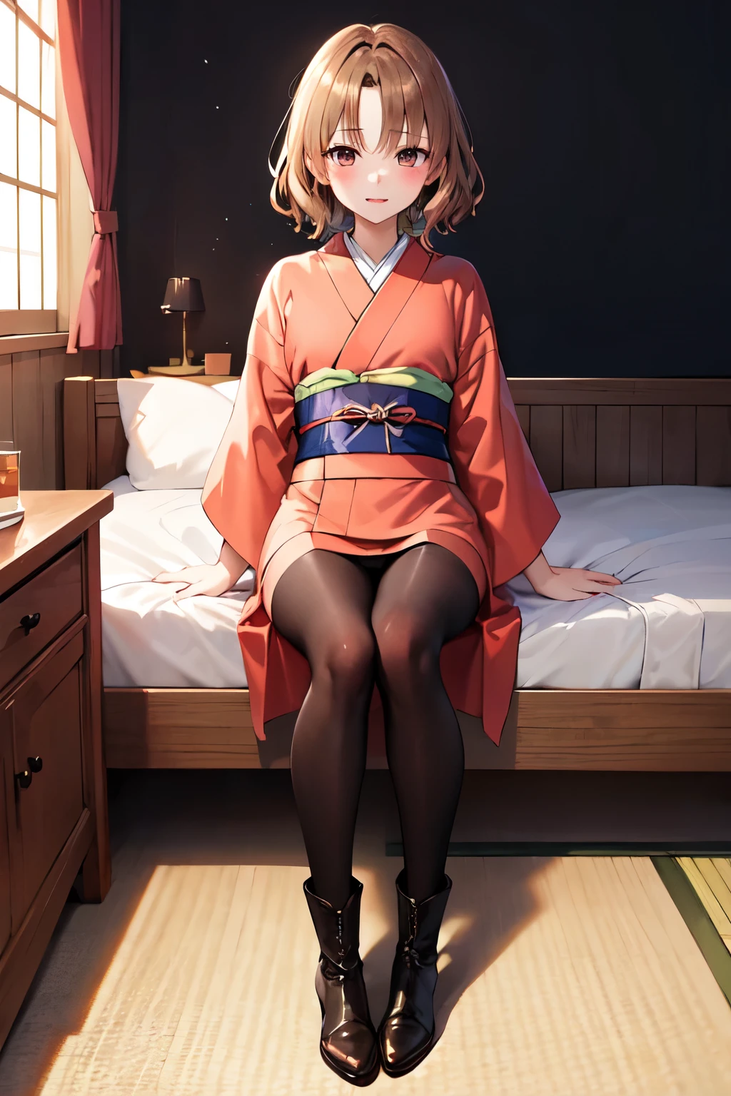 masterpiece, Highest quality, High resolution, One girl, alone, short hair, Brown Hair, Brown eyes, chest, Bedroom、((Mini Kimono))、((pantyhose))、(boots)、