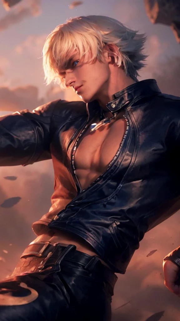 A  boy with realistic blonde and blue hair, exactly the same hairstyle,Realistic bright blue eyes, realistic Korean handsome face,Realistic cool expressions, exact same expressions,Adapt the exact same clothes, realistic black suit, realistic blue shirt, realistic blue vest, realistic blue tie,Realistic light, realistic shadows, realistic background
