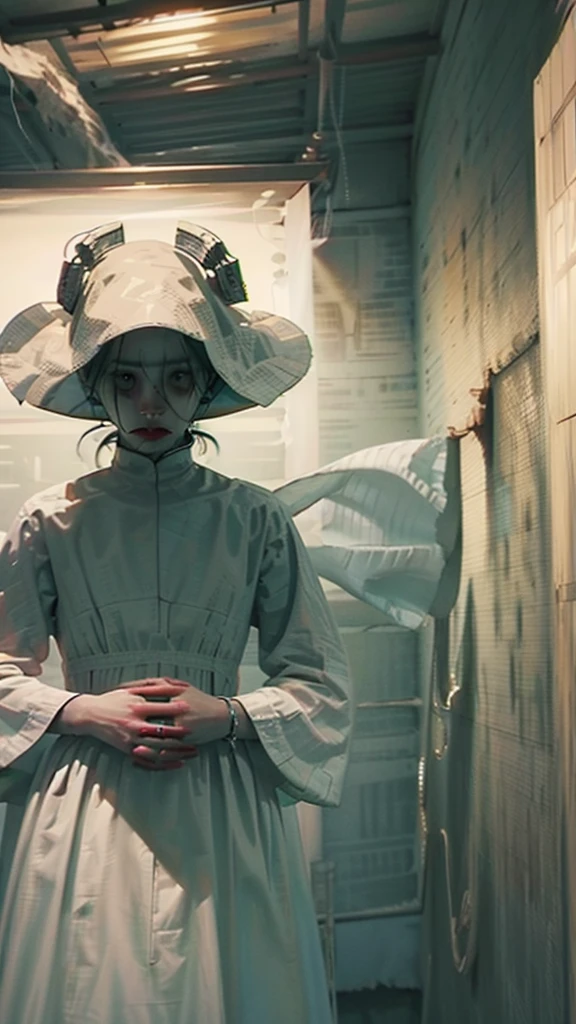 arafed woman in a white dress standing in a room with pictures on the wall, the ring movie, the ring, film still from a horror movie, portrait of sadako of the ring, horror movie scene, film still from horror movie, still from horror movie, horror movie still, horror film still, the grudge, horror movie aesthetic, horror film