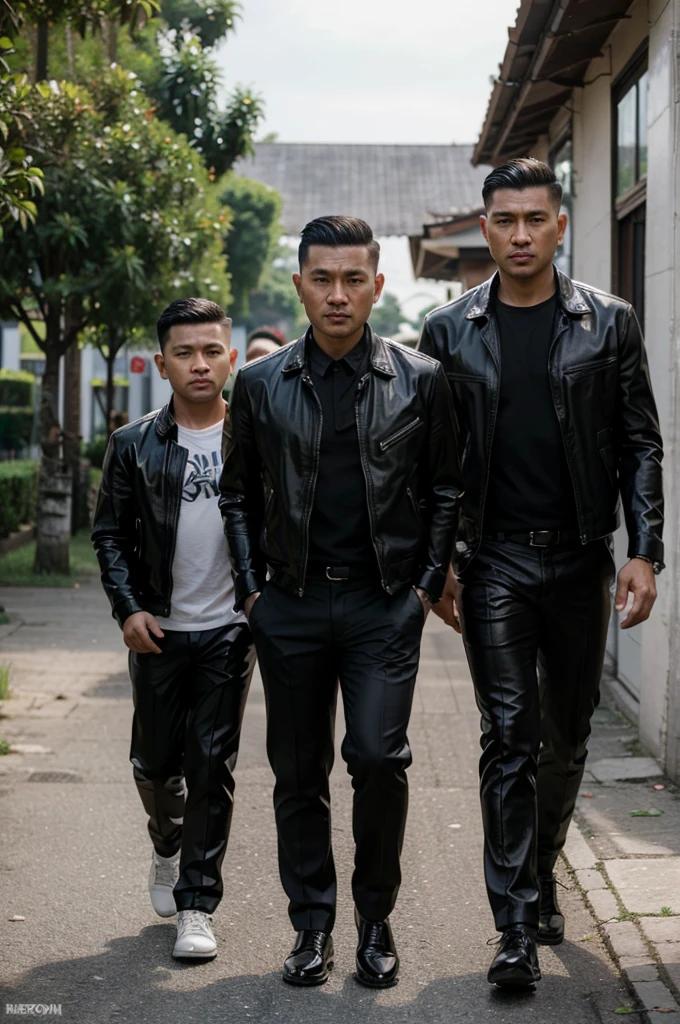 A handsome 35 year old Indonesian mafia boss is walking with his handsome 3 year old boy, wearing a shiny black leather jacket, Undercut hair is combed neatly, background of a group of mafia people, real photo, clear photo, professional photo, full HD, 4k 
