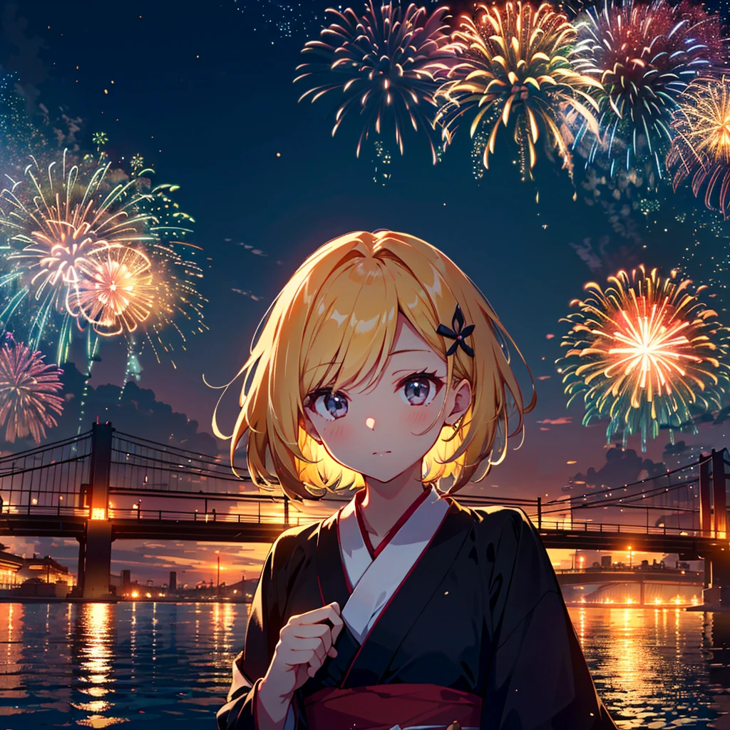 High-definition background, bright and beautiful atmosphere, 3 girls (2 years old, (1 short-tempered round face), (1 child)) (hair, surface effect), color effect), small breasts, blonde hair, riverside bank , girls wearing kimonos, many beautiful and large fireworks bursting in the sky, deltamon_sdXL:0.73) >Deltamon Negative Prompt