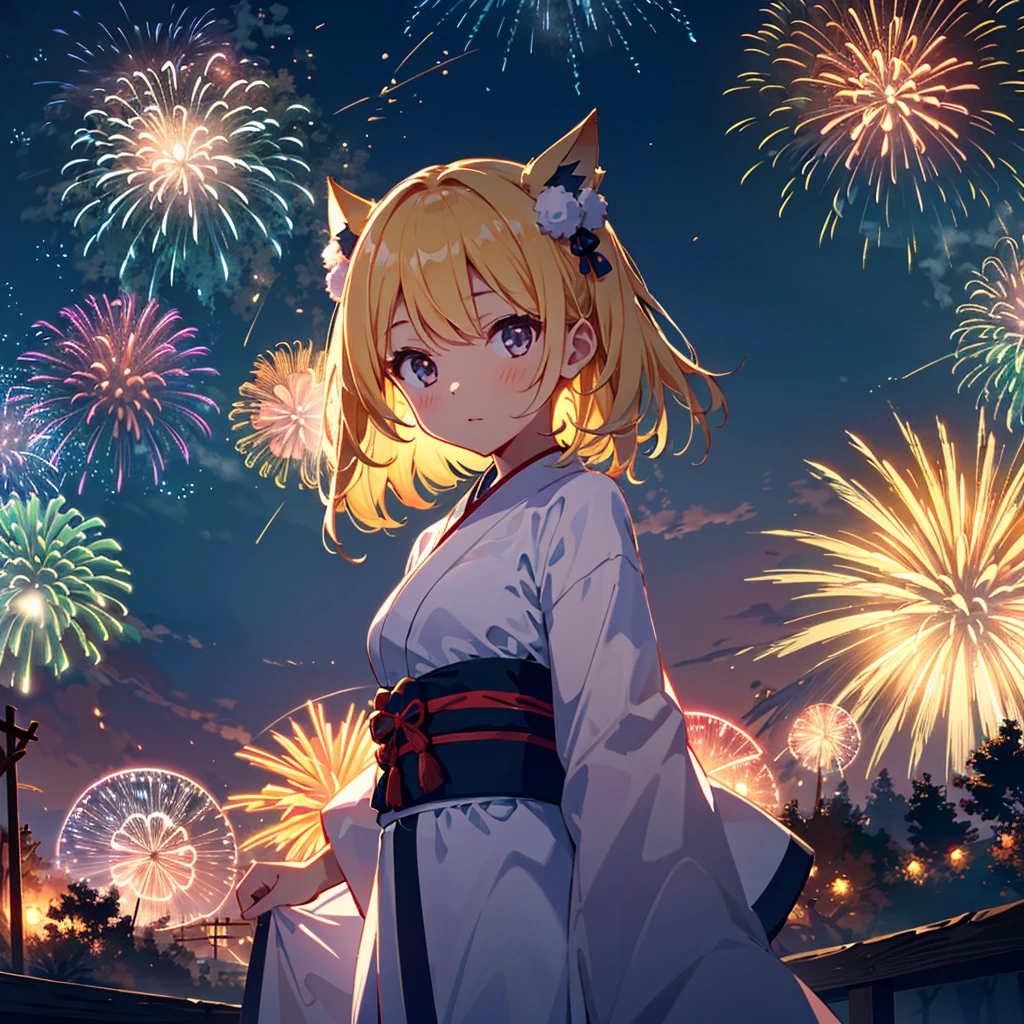 High-definition background, bright and beautiful atmosphere, 3 girls (2 years old, (1 short-tempered round face), (1 child)) (hair, surface effect), color effect), small breasts, blonde hair, riverside bank , girls wearing kimonos, many beautiful and large fireworks bursting in the sky, deltamon_sdXL:0.73) >Deltamon Negative Prompt