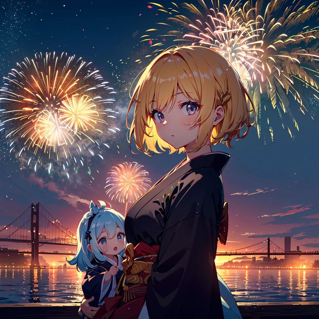 High-definition background, bright and beautiful atmosphere, 3 girls (2 years old, (1 short-tempered round face), (1 child)) (hair, surface effect), color effect), small breasts, blonde hair, riverside bank , girls wearing kimonos, many beautiful and large fireworks bursting in the sky, deltamon_sdXL:0.73) >Deltamon Negative Prompt