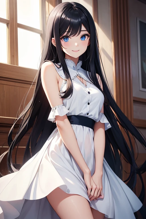 Beautiful girl smile with long black hair and blue eyes with white dress with all her body