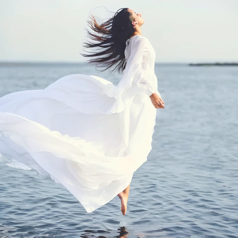 Araffe woman in white dress standing in water with flowing dress, wearing a white flowing dress, white flowing dress, she is floating in the air, flowing white robes, Flowing dress, Wearing a flowing dress, lindo vestido branco longo longo, vestido branco longo, flutuando no ar, cabelo flutuando ao vento, Pose flutuante elegante, Girl in white dress dancing
