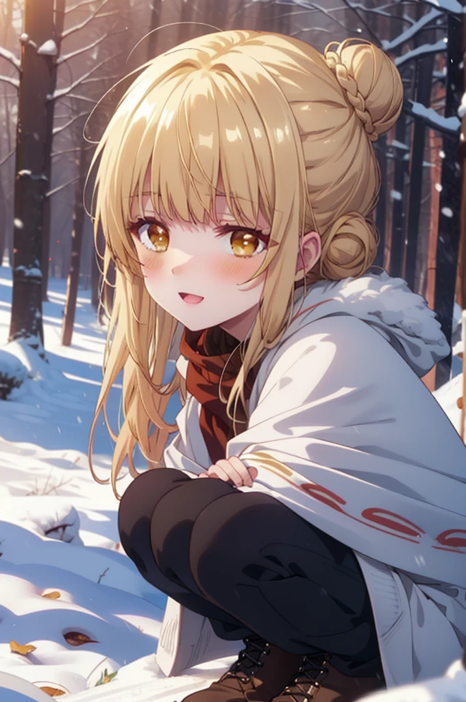 This is Mahirushiina, Mahiru Shiina, blonde, (Brown eyes:1.7), Long Hair, happy smile, smile, Open your mouth,Hair Bun, single Hair Bun,blush,White Breath,
Open your mouth,snow,Bonfire on the ground, Outdoor, boots, snowing, From the side, wood, suitcase, Cape, Blurred, Increase your meals, forest, White handbag, nature, Squat, Mouth closed, フードed Cape, winter, Written boundary depth, Black shoes, red Cape break looking at viewer, Upper Body, whole body, break Outdoor, forest, nature, break (masterpiece:1.2), Highest quality, High resolution, unity 8k wallpaper, (shape:0.8), (Beautiful and beautiful eyes:1.6), Highly detailed face, Perfect lighting, Extremely detailed CG, (Perfect hands, Perfect Anatomy),