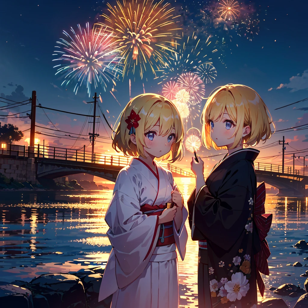 High-definition background, bright and beautiful atmosphere, 3 girls (2 years old, (1 short-tempered round face), (1 child)) (hair, surface effect), color effect), small breasts, blonde hair, riverside bank , girls wearing kimonos, many beautiful and large fireworks bursting in the sky, deltamon_sdXL:0.73) >Deltamon Negative Prompt