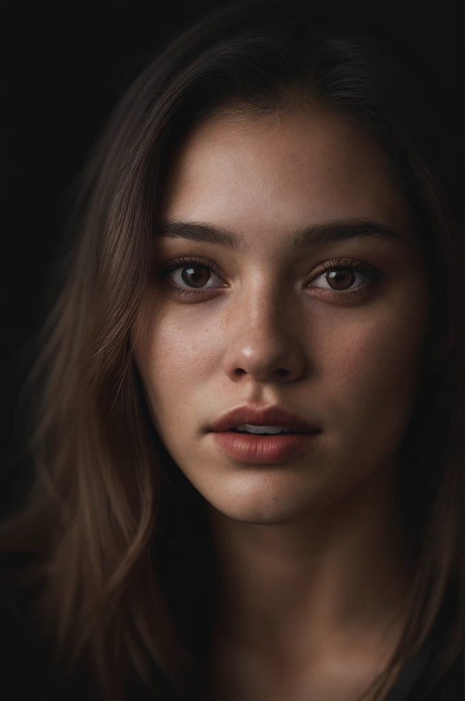 (close-up, editorial photograph of a 21 year old woman), (highly detailed face:1.4) (smile:0.7) (background inside dark, moody, private study:1.3) POV, by lee jeffries, nikon d850, film stock photograph ,4 kodak portra 400 ,camera f1.6 lens ,rich colors ,hyper realistic ,lifelike texture, dramatic lighting , cinestill 800,