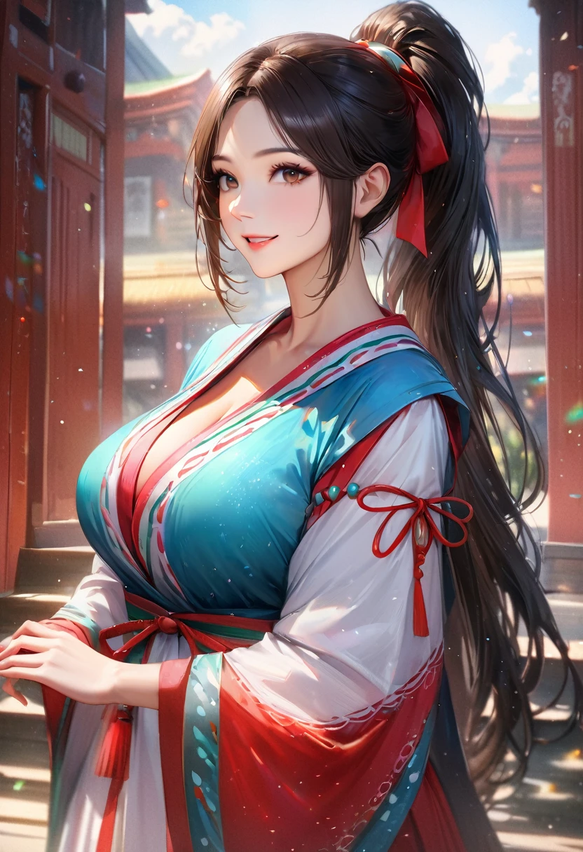 Domestic, Clear sky with white clouds, Shrine maiden, Blur the background,young woman,Big Breasts,ponytail,smile,Glitter effect,Highest quality, 8K, High resolution, masterpiece:1.2, Very detailed, Realistic:1.37, High resolution, 超High resolution, Ultra-fine painting, Very detailed, Professional, Vibrant colors