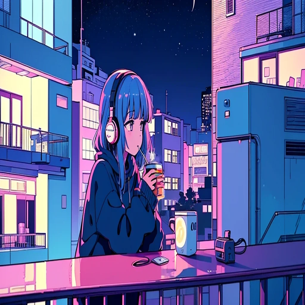 Ultra Wide Angle, Girl drinking alcohol while listening to jazz music on headphones, Watching the night sky from the balcony, alone, Lofty Girl, Lo-fi art style, Lofty Girl aesthetic, By Ghailan, Anime Aesthetics, relaxed mood, Lo-fi illustration style